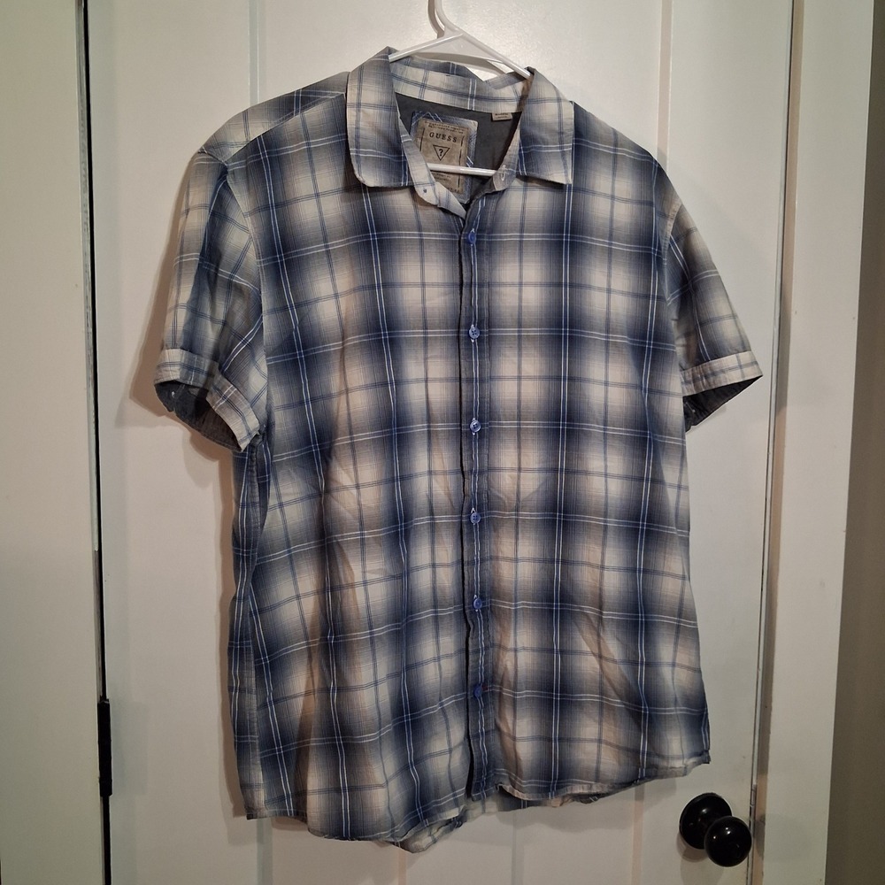 Guess Button Down Shirt Mens XL Blue Plaid Short Sleeve Cotton Casual Summer Top